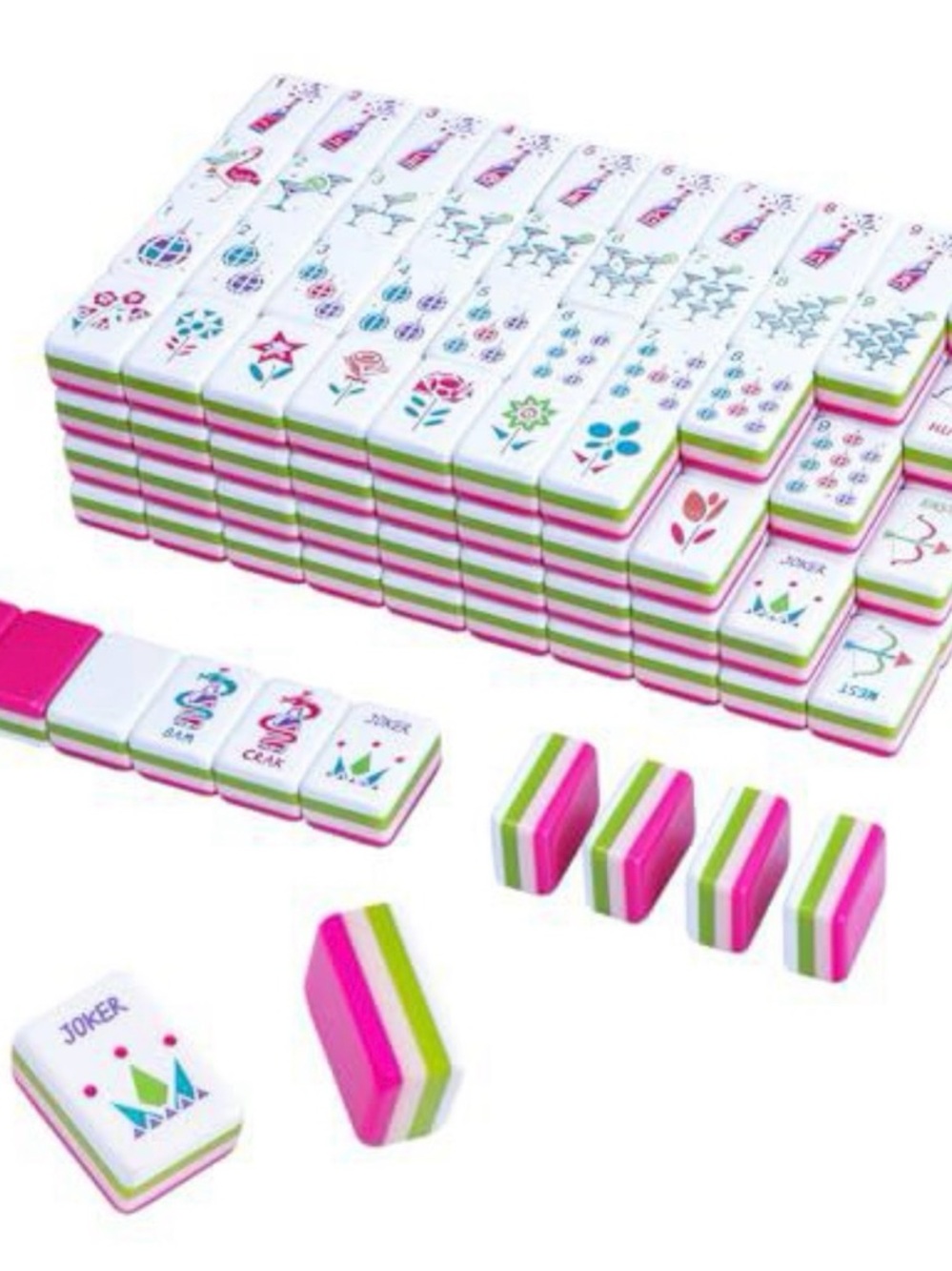 Mahjong Tile Set and Mat in White with Pink & Green Accents